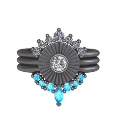 Minimal Tria Cora Yüzük - Pırlanta, swarovski ve akuamarin 925 ayar siyah rodyum kaplama gümüş yüzük (0.42 karat) #11jv3bd