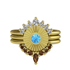Minimal Tria Cora Yüzük - Swarovski, akuamarin ve dumanlı kuvars 925 ayar altın kaplama gümüş yüzük #11mvdpi