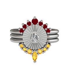 Minimal Tria Cora Yüzük - Kök yakut, swarovski ve sitrin 14 ayar beyaz altın yüzük #11nnxpn