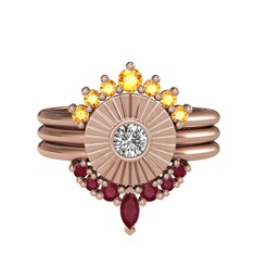 Minimal Tria Cora Yüzük - Sitrin, swarovski ve kök yakut 14 ayar rose altın yüzük #124gjny