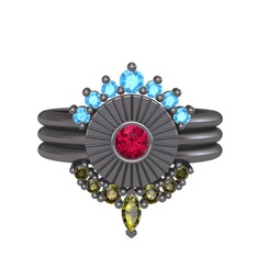Minimal Tria Cora Yüzük - Akuamarin, rodolit garnet ve peridot 925 ayar siyah rodyum kaplama gümüş yüzük #1251lrb
