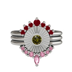 Kök yakut, peridot ve pembe kuvars 8 ayar beyaz altın yüzük