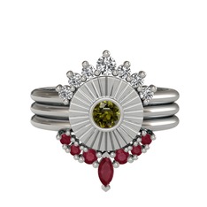 Swarovski, peridot ve kök yakut 14 ayar beyaz altın yüzük