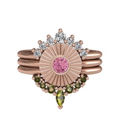 Minimal Tria Cora Yüzük - Swarovski, pembe kuvars ve peridot 14 ayar rose altın yüzük #128sy34