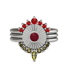 Minimal Tria Cora Yüzük - Garnet, kök yakut ve peridot 18 ayar beyaz altın yüzük #12bu0eu