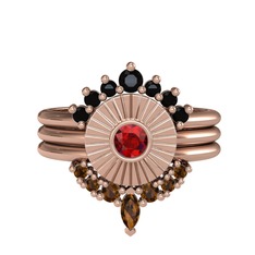 Minimal Tria Cora Yüzük - Siyah zirkon, garnet ve dumanlı kuvars 925 ayar rose altın kaplama gümüş yüzük #12h4oz9