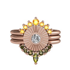 Minimal Tria Cora Yüzük - Sitrin, beyaz zirkon ve peridot 14 ayar rose altın yüzük #12o80mw