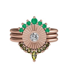 Minimal Tria Cora Yüzük - Kök zümrüt, beyaz zirkon ve peridot 14 ayar rose altın yüzük #12u64vn