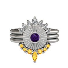 Minimal Tria Cora Yüzük - Swarovski, ametist ve sitrin 8 ayar beyaz altın yüzük #12yeyaq
