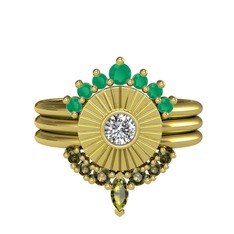 Minimal Tria Cora Yüzük - Kök zümrüt, swarovski ve peridot 14 ayar altın yüzük #12zpilg