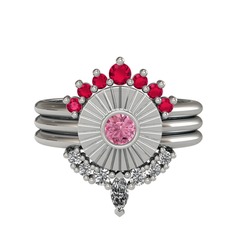 Rodolit garnet, pembe kuvars ve beyaz zirkon 14 ayar beyaz altın yüzük