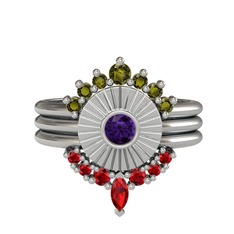 Peridot, ametist ve garnet 8 ayar beyaz altın yüzük