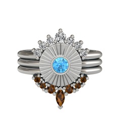 Minimal Tria Cora Yüzük - Swarovski, akuamarin ve dumanlı kuvars 8 ayar beyaz altın yüzük #13f8sgd