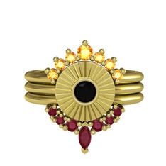 Minimal Tria Cora Yüzük - Sitrin, siyah zirkon ve kök yakut 8 ayar altın yüzük #13lv43w