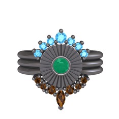 Minimal Tria Cora Yüzük - Akuamarin, kök zümrüt ve dumanlı kuvars 925 ayar siyah rodyum kaplama gümüş yüzük #142dk4y