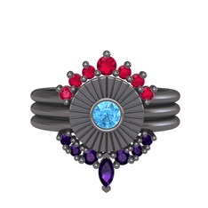 Minimal Tria Cora Yüzük - Rodolit garnet, akuamarin ve ametist 925 ayar siyah rodyum kaplama gümüş yüzük #144w6dy