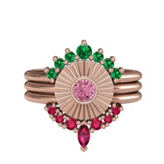 Minimal Tria Cora Yüzük - Yeşil kuvars, pembe kuvars ve rodolit garnet 8 ayar rose altın yüzük #148a1dp