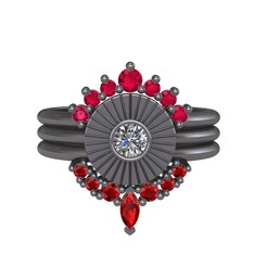 Minimal Tria Cora Yüzük - Rodolit garnet, pırlanta ve garnet 925 ayar siyah rodyum kaplama gümüş yüzük (0.16 karat) #148un8q