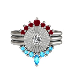 Minimal Tria Cora Yüzük - Kök yakut, swarovski ve akuamarin 18 ayar beyaz altın yüzük #1498zy9