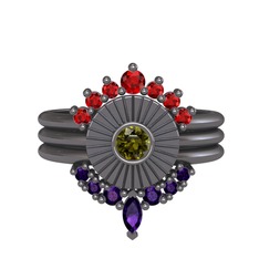 Minimal Tria Cora Yüzük - Garnet, peridot ve ametist 925 ayar siyah rodyum kaplama gümüş yüzük #14e09wg