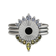 Minimal Tria Cora Yüzük - Pırlanta, siyah zirkon ve peridot 8 ayar beyaz altın yüzük (0.42 karat) #14k2vas