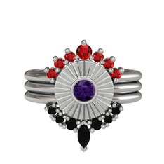 Garnet, ametist ve siyah zirkon 18 ayar beyaz altın yüzük