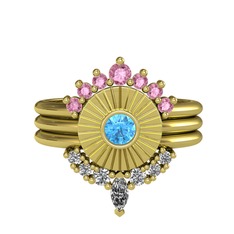 Pembe kuvars, akuamarin ve beyaz zirkon 14 ayar altın yüzük