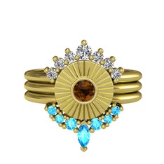 Minimal Tria Cora Yüzük - Swarovski, dumanlı kuvars ve akuamarin 18 ayar altın yüzük #159772h