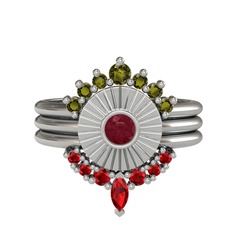 Minimal Tria Cora Yüzük - Peridot, kök yakut ve garnet 8 ayar beyaz altın yüzük #15mi0vo