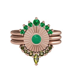 Minimal Tria Cora Yüzük - Yeşil kuvars, kök zümrüt ve peridot 14 ayar rose altın yüzük #15rel4k