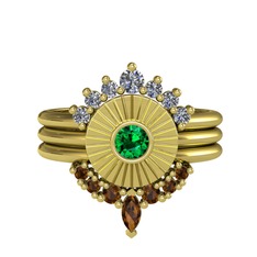 Minimal Tria Cora Yüzük - Pırlanta, yeşil kuvars ve dumanlı kuvars 18 ayar altın yüzük (0.42 karat) #15ytt19