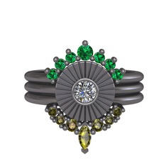 Minimal Tria Cora Yüzük - Yeşil kuvars, pırlanta ve peridot 925 ayar siyah rodyum kaplama gümüş yüzük (0.16 karat) #162uv37