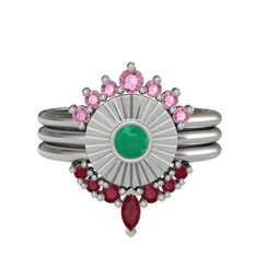 Minimal Tria Cora Yüzük - Pembe kuvars, kök zümrüt ve kök yakut 8 ayar beyaz altın yüzük #164uvji
