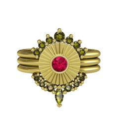Minimal Tria Cora Yüzük - Peridot ve rodolit garnet 18 ayar altın yüzük #1650zby