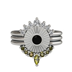 Minimal Tria Cora Yüzük - Swarovski, siyah zirkon ve peridot 925 ayar gümüş yüzük #16atkx1