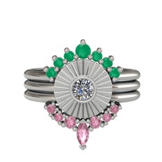 Minimal Tria Cora Yüzük - Kök zümrüt, pırlanta ve pembe kuvars 8 ayar beyaz altın yüzük (0.16 karat) #16cvfz4