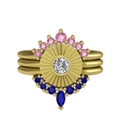 Minimal Tria Cora Yüzük - Pembe kuvars, swarovski ve lab safir 8 ayar altın yüzük #16h5mgr