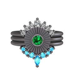 Minimal Tria Cora Yüzük - Swarovski, yeşil kuvars ve akuamarin 925 ayar siyah rodyum kaplama gümüş yüzük #16jv0km