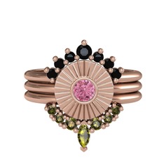 Minimal Tria Cora Yüzük - Siyah zirkon, pembe kuvars ve peridot 8 ayar rose altın yüzük #16qt5or