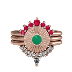 Minimal Tria Cora Yüzük - Rodolit garnet, kök zümrüt ve swarovski 14 ayar rose altın yüzük #16rcyzv