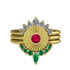 Minimal Tria Cora Yüzük - Pırlanta, rodolit garnet ve yeşil kuvars 18 ayar altın yüzük (0.42 karat) #16sktfy