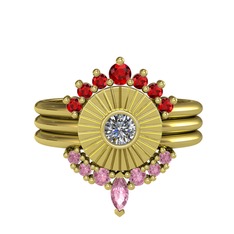 Minimal Tria Cora Yüzük - Garnet, pırlanta ve pembe kuvars 925 ayar altın kaplama gümüş yüzük (0.16 karat) #16sseq0
