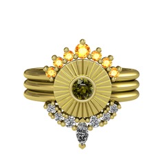 Minimal Tria Cora Yüzük - Sitrin, peridot ve swarovski 14 ayar altın yüzük #174b0lr