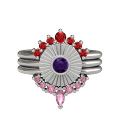 Minimal Tria Cora Yüzük - Garnet, ametist ve pembe kuvars 8 ayar beyaz altın yüzük #1796ux1