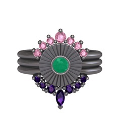 Minimal Tria Cora Yüzük - Pembe kuvars, kök zümrüt ve ametist 925 ayar siyah rodyum kaplama gümüş yüzük #179fv43