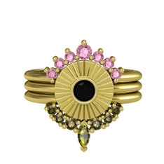 Minimal Tria Cora Yüzük - Pembe kuvars, siyah zirkon ve peridot 14 ayar altın yüzük #17cf218