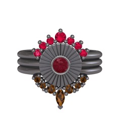Minimal Tria Cora Yüzük - Rodolit garnet, kök yakut ve dumanlı kuvars 925 ayar siyah rodyum kaplama gümüş yüzük #17r7j40