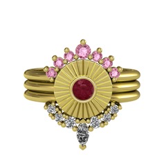 Minimal Tria Cora Yüzük - Pembe kuvars, kök yakut ve swarovski 8 ayar altın yüzük #17sd67s