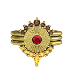Dumanlı kuvars, garnet ve sitrin 8 ayar altın yüzük