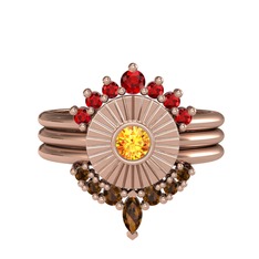 Minimal Tria Cora Yüzük - Garnet, sitrin ve dumanlı kuvars 8 ayar rose altın yüzük #17yh8vm